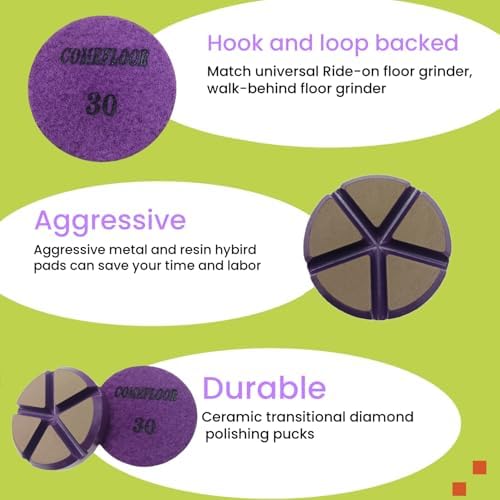 Hybrid Ceramic Transitional Diamond Polishing Pucks for Concrete Terrazzo Floor, 3 Inch Hook and Loop Aggressive Floor Grinding Discs, 30# 3PCS