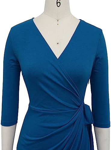 Berydress Women's 3/4 Sleeve V Neck Casual Party Work Faux Black Wrap Dress
