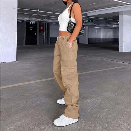 Lepunuo Cargo Pants for Women High Waisted Casual Pants Baggy Stretchy Wide Leg Y2K Streetwear with 6 Pockets
