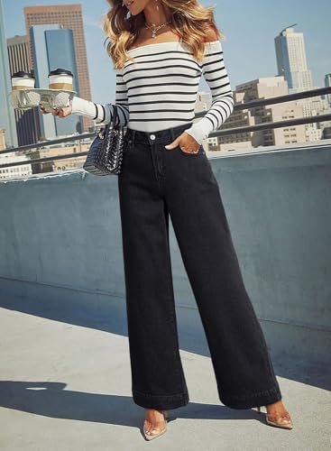 Dokotoo Women's Casual High Waisted Jeans Stretch Wide Leg Loose Denim Pant