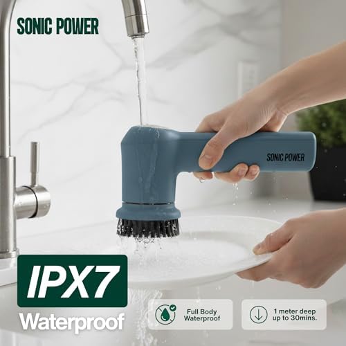 SonicPower Electric Spin Scrubber – Handheld & Ergonomic, IPX7 Waterproof, 4 Multi-Purpose Brush Heads, Long-Lasting Rechargeable Battery – Cleans Dishes, Bathroom, Tile, Grout & Kitchen (Steel Blue)