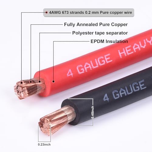 4 Gauge Battery Cable, 10FT Red + 10FT Black 4 AWG Pure Copper Wire Welding Cable, for Automotive, Battery, Solar and Generator, Standard USA OFC Wire