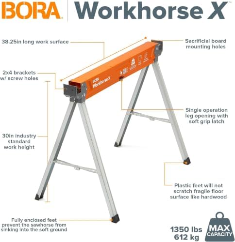 BORA Workhorse X Saw Horses 2 Pack Folding Heavy Duty Metal Sawhorse