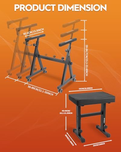 STRICH Piano Keyboard Stand Stool Set, Portable Heavy Duty Stand for 54-88 Key Electric Digital Pianos & Adjustable Piano Bench, Chair, Black, SKT-02 & SPB-M50