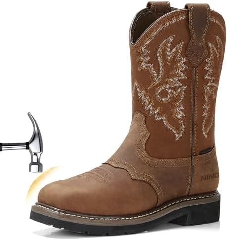 HISEA NINGO Steel Toe Work Boots for Men Square Toe Cowboy Boots Soft Toe