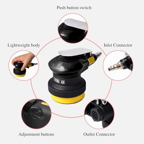 3 inch Mini Random Orbital Sander Pneumatic Palm Sander For Wood Composites Metal Polishing and grinding with 10 sandpapers,black
