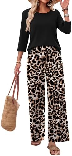 WIHOLL Two Piece Sets for Women Lounge 3/4 Length Sleeve Womens Tops Graphic Pants with Pockets Summer Outfits 2026