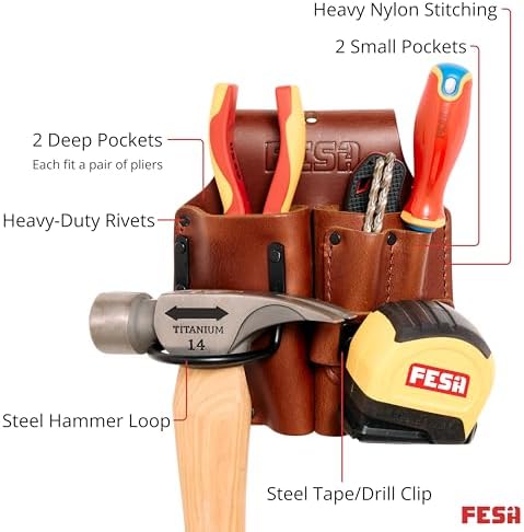 FESA Durable Leather Pliers Holster - Leather Double Plier Holder for Belt with Steel Hammer Holder, Tape Clip & 2 Carpenter's Pencil Pockets - Clip On Any Belt - Handcrafted