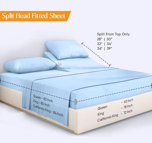 JS Sanders Collection 600TC Flex Top Queen Sheets for Sleep Number Bed - 100% Cotton 4 Pcs Top Split Queen Sheets for Adjustable Bed Queen 36 Inch Down Light Blue -18 Inch Deep