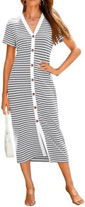 BTFBM Women Casual Summer Dresses Short Sleeve Striped Midi Dresses