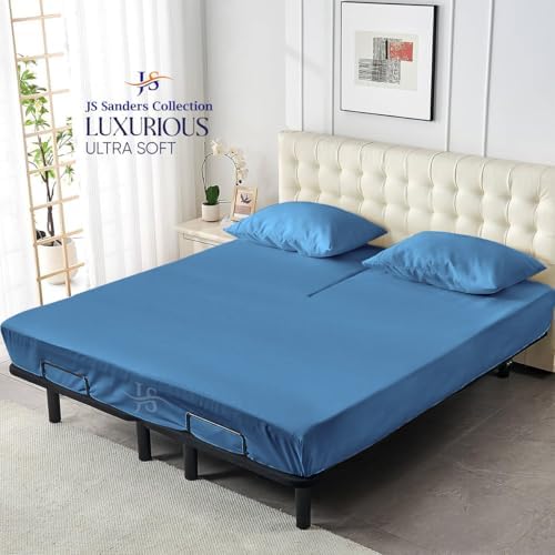 JS Sanders Collection 600TC Flex Top Queen Sheets for Sleep Number Bed - 100% Cotton 4 Pcs Top Split Queen Sheets for Adjustable Bed Queen 32 Inch Down Mediterranean Blue - 18 Inch Deep