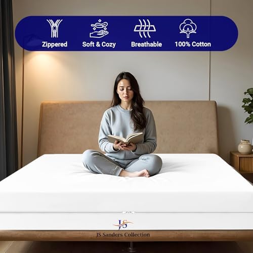 JS Sanders Zippered Mattress Protector Twin Size – Soft 100% Egyptian Cotton, 600 Thread Count Deep Pocket Fitted Sheet Encasement Cover for Bed Breathable, 12-16 Inch Fit, White 39x75