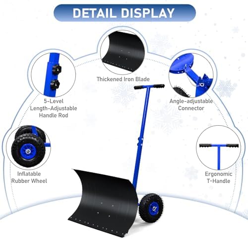 VINGLI Snow Pusher Shovel with Wheels, 29" Adjustable Ergonomic T-Handle Snow Plow for Driveway, Heavy Duty Wheeled Rolling Shovels for Snow Removal, Angle Adjustable (Black & Blue)