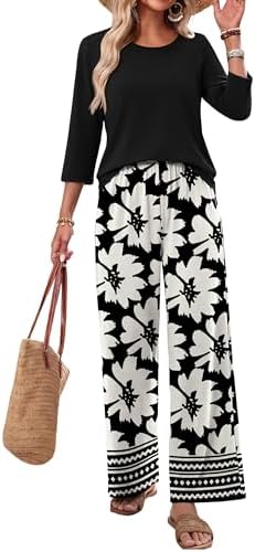 WIHOLL Two Piece Sets for Women Lounge 3/4 Length Sleeve Womens Tops Graphic Pants with Pockets Summer Outfits 2026