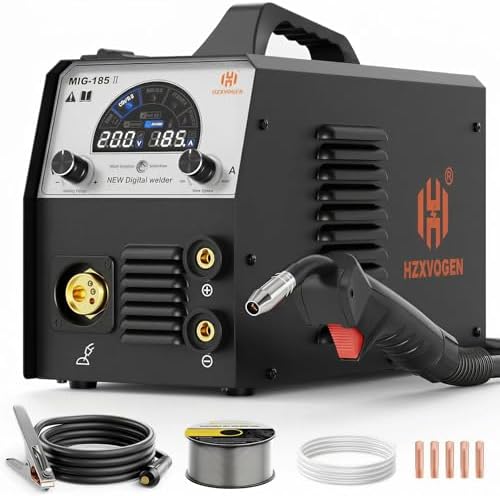 H HZXVOGEN 185A MIG Welder, 110V/220V Dual Voltage, 4-in-1 Gas MIG/Flux Core MIG/Lift TIG/Stick Welding Machine with Synergic Multiprocess Large LED Digital Display, IGBT Inverter