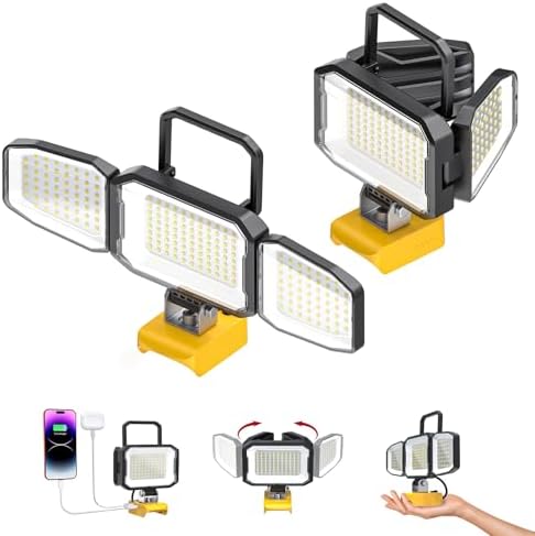 2PCS LED Work Light Compatible with 20V Battery, 150W 15000LM Flood Light, 6500K Daylight 3-Head Adjustable, USB Type-C&2 Brightness Modes Portable Flashlight Job Site Light (Tool Only)