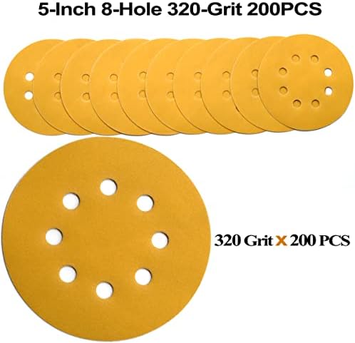 5-Inch 8-Hole Hook and Loop Sanding Discs 320-Grit, 200-Pack