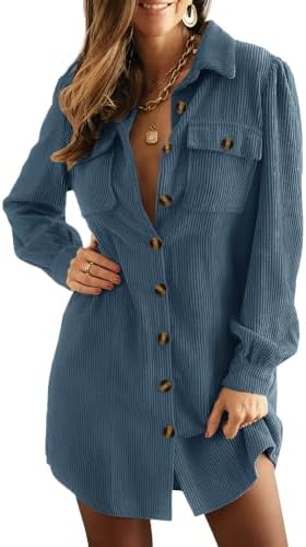 Alaster Queen Women's Corduroy Long Sleeve Button Work Tunic Short Dresses