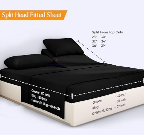 JS Sanders Collection 600TC Flex Top Queen Sheets for Sleep Number Bed - 100% Cotton 4 Pcs Top Split Queen Sheets for Adjustable Bed Queen 30 Inch Down Black -18 Inch Deep