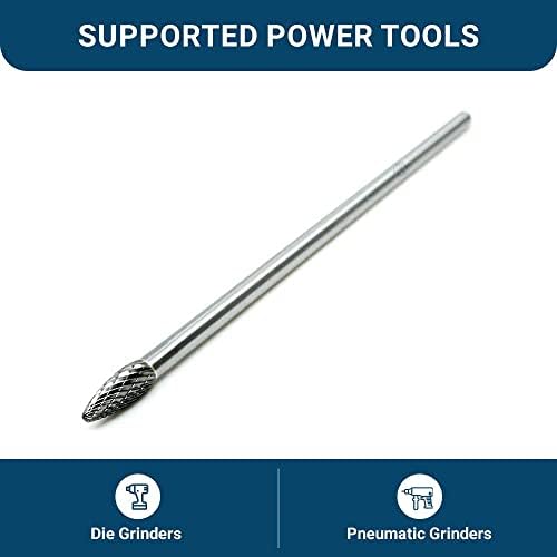Benchmark Abrasives 6” Flame Shape Double Cut Tungsten Carbide Die Grinder Bits Metal Deburring Tool Rotary Burr, 1/4 Inch Shaft, Engraving Tool for Woodworking Shaping Carving (SH-2)