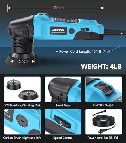 ZOTA 3 inch Polisher, 2" Mini Buffer with 8mm Random Dual Action Polisher,13.1ft(4m) Extended Power Cord for Quiet & Smooth Small Buffer Polisher.