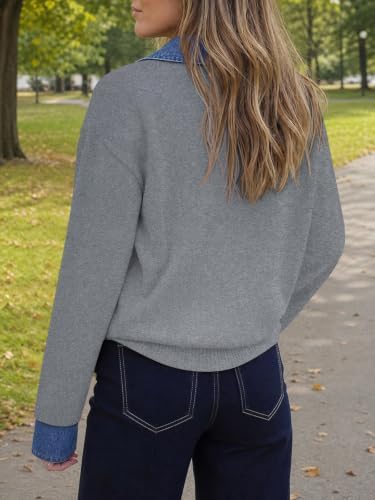 Saodimallsu Womens Denim Patchwork Sweaters V Neck Polo Pullover Tops