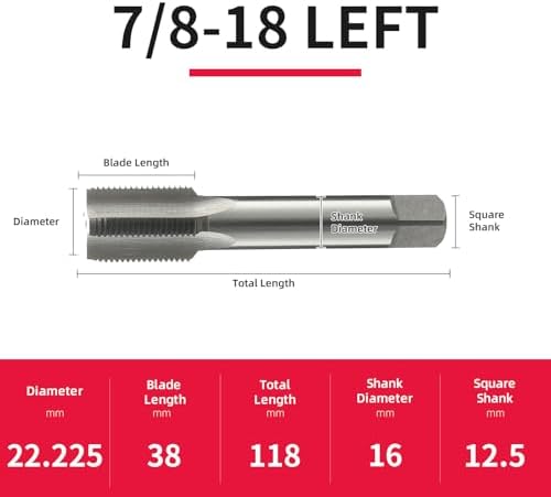 7/8-18 Left Hand Straight Flute Thread Tap Machine Tap HSS (High Speed Steel) Threading Tapping Repair Tools DRINYOUNG (7/8-18 Left)