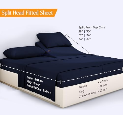 JS Sanders Collection 600TC Flex Top Queen Sheets for Sleep Number Bed - 100% Cotton 4 Pcs Top Split Queen Sheets for Adjustable Bed Queen 30 Inch Down Navy Blue -18 Inch Deep