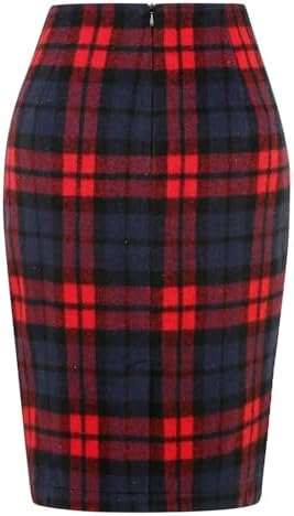 IDEALSANXUN Plaid Skirts for Women Fall Winter Knee Length Pencil Wool Skirt with Slit
