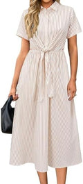 Newshows Women's Work Business Casual Outfits Tie Waist Midi Shirt Dress