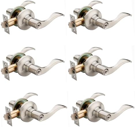 6 Pack of HENYIN Wave Lever Door Lock/Door Knob Hardware Handle and Closet Lockset, Silver Color, Bathroom Version Without Key,Right Hand (805SN-R-Bk-6)