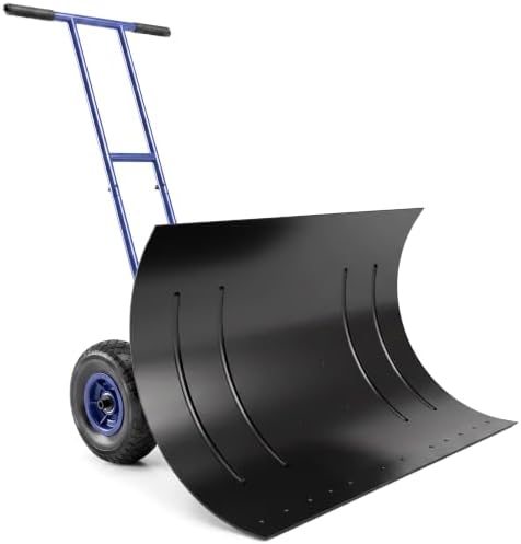 Outsunny Snow Shovel with Wheels, 29" x 18" Metal Snow Pusher, Blue
