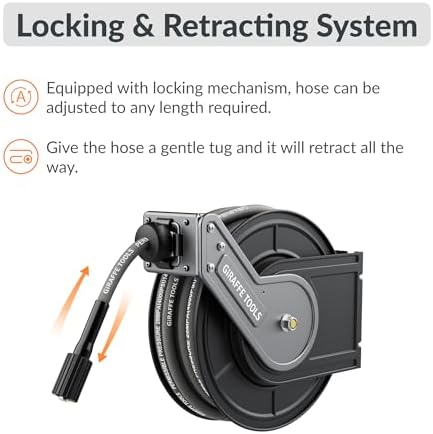 Giraffe Tools Pressure Washer Hose Reel 60ft, Power Washer Hose Reel, Pressure Washer Retractable Hose Reel, Heavy Duty, Wall/Floor Mounted, 4000 PSI, Dark Silver