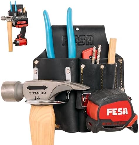 FESA Durable Leather Pliers Holster - Leather Double Plier Holder for Belt with Steel Hammer Holder, Tape Clip & 2 Carpenter's Pencil Pockets - Clip On Any Belt - Handcrafted