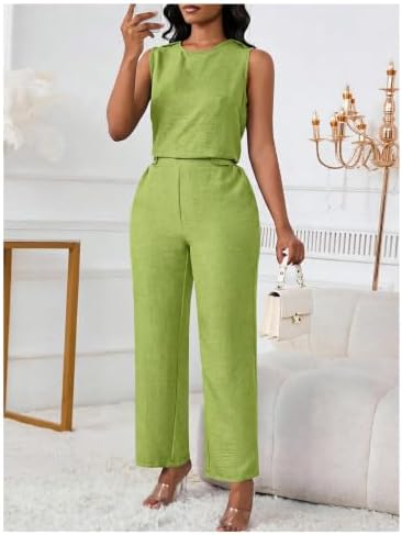 Floerns Women's 2 Piece Sets Dressy Outfits Bussiness casual Crew Neck Sleeveless Blouse and Elegant Pants Set