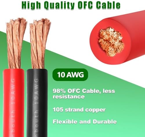 10 Gauge Battery Cable Copper Wire, 10FT Red + 10FT Black
