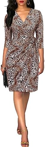 Berydress Women's 3/4 Sleeve V Neck Casual Party Work Faux Black Wrap Dress