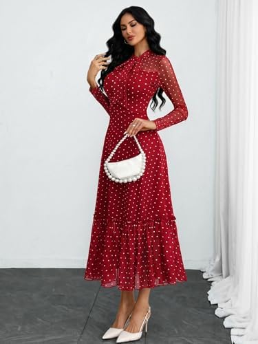 GothDark Polka dot Dress for Women Tie Neck Bow Ruffle Fall Vintage Dress