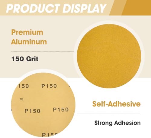 CowboyBOB 100 PCS 6 Inch Gold PSA Sanding Discs 150 Grit Self Adhesive Sticky-Back Sandpaper for DA Sander Finishing Abrasive Sand Paper Woodworking Wood Metal Sanding Disc Roll