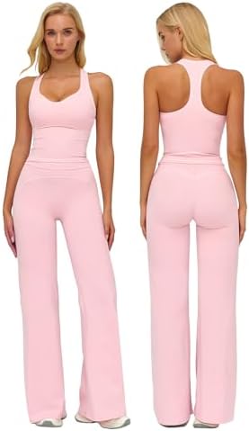 ABOCIW Two Piece Workout Sets for Women Racerback Tank Top Matching High Waist Wide Leg Yoga Pants Pilates Outfits