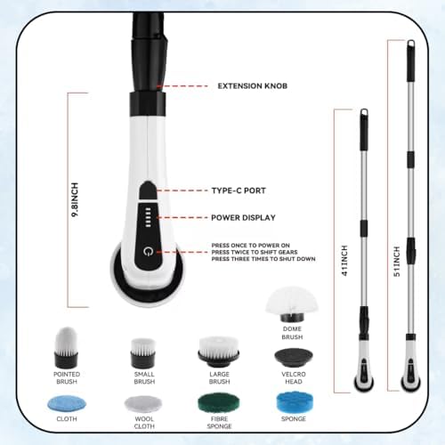 Electric Spin Scrubber, Cordless Cleaning Brush with 8 Replaceable Heads, Adjustable Handle, Dual Speed Power Scrubber for Bathroom, Bathtub, Floor, Tile, and Kitchen Cleaning