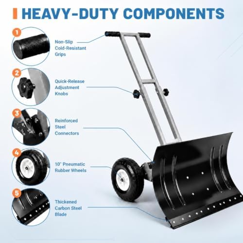 GarveeLife Wheeled Snow Shovel - 29in Steel Blade with 10in Wheels Charcoal