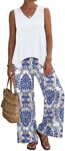 WIHOLL Two Piece Sets for Women Dressy Lounge Sets Summer Outfits Cruise Travel Beach Vacation Casual Wide Leg Pants Set