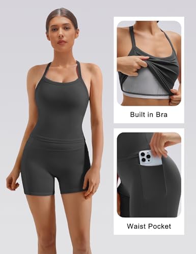 SUUKSESS Women 2 Piece Workout Sets High Waisted Biker Shorts with Pockets Built in bra Racerback Tank Tops