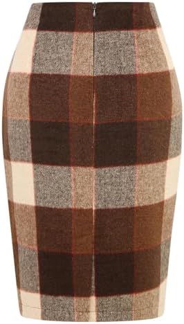 IDEALSANXUN Plaid Skirts for Women Fall Winter Knee Length Pencil Wool Skirt with Slit