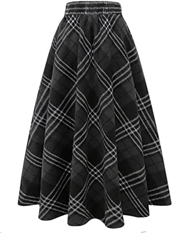 IDEALSANXUN Womens Plaid Wool Skirts Elastic Waist A-Line Pleated Tartan Long Skirts