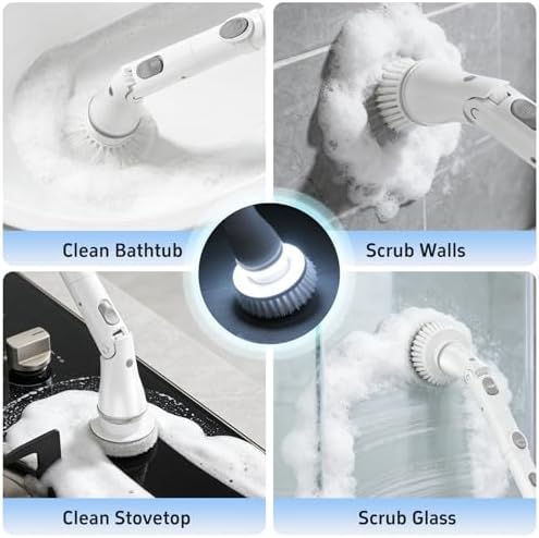 Electric Spin Scrubber, 8 in 1 LED Electric Scrubber for Cleaning, 90 Mins Long Runtime IPX6 Waterproof & 52" Extendable Handle for Deep Clean Bathroom Grout, Tile and Kitchen