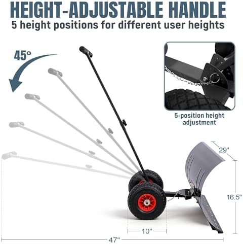 29" Push Snow Shovel with Wheels for Driveway, Heavy Duty Adjustable Angle Wheeled Snow Pusher Shovel, Metal Rolling Snow Pusher, Snow Plow Shovel on Wheels for Snow Removable, 29"x16.5" Blade