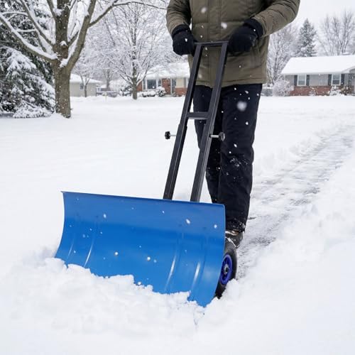 Snow Shovel with Wheels for Driveway, 29 Inch Heavy Duty Wheeled Snow Pusher with Adjustable Handle & Multi-Angle Blade, Steel Snow Plow for Sidewalk, Patio, Yard