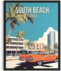 South Beach Florida Black Framed Wall Art Print Poster, US Vintage Retro Beach Scenery Posters Prints for Restroom Home Picture Painting Artwork Gallery 219 (South Beach Florida, 24"L x 18"W, Black Frame)